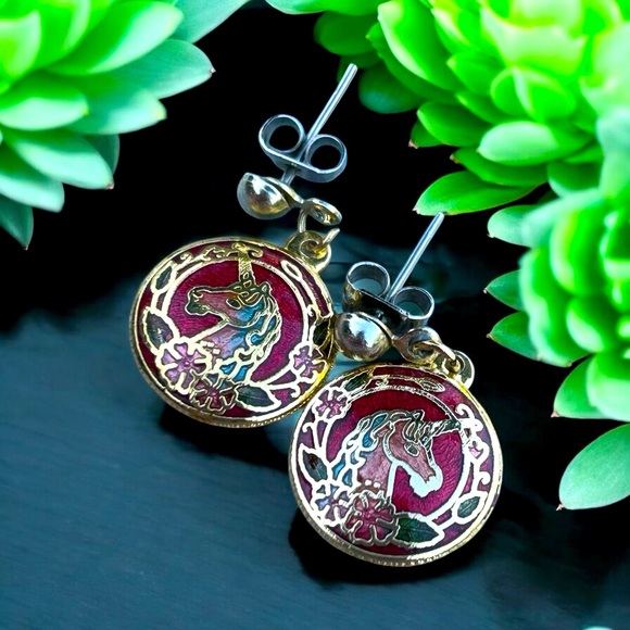 🦄Vintage Stephano Cloisonne Unicorn Earrings - Picture 1 of 2